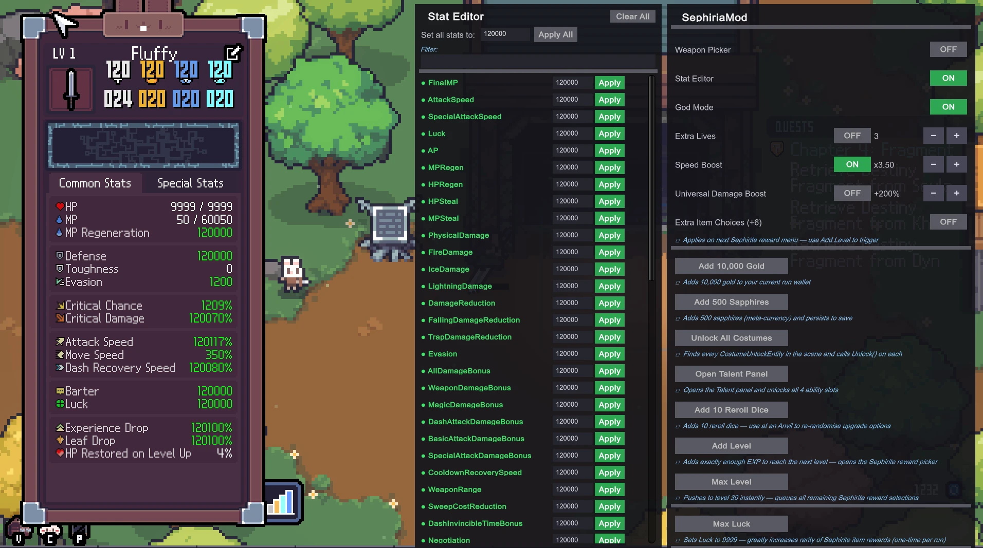 Cheat GUI mod panel shown inside Sephiria